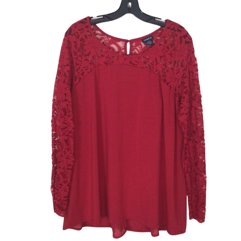 Torrid Top Women’s L Large Red Lace Long Sleeve Blouse Shirt